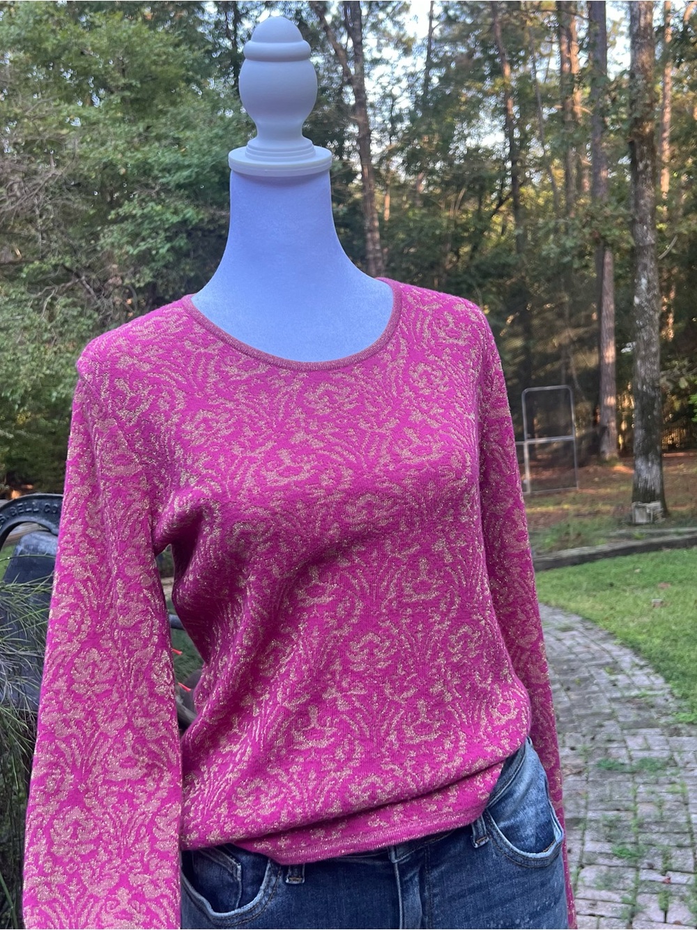 Belongings Pink Gold Metallic Floral Knit Sweater Y2K Size Small